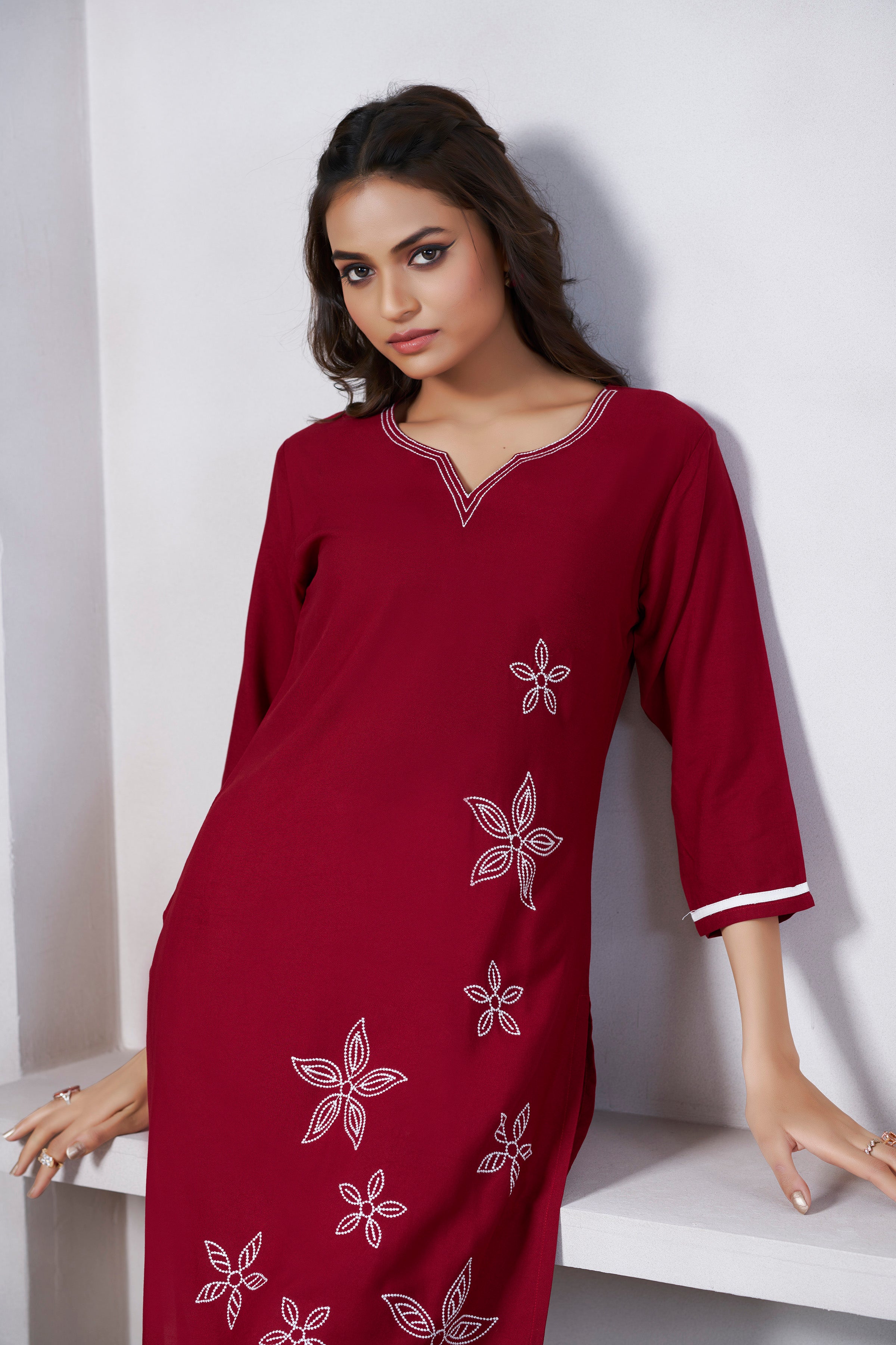 Avantini Women's Viscose Rayon Maroon Floral Embroidery Kurti - Distacart