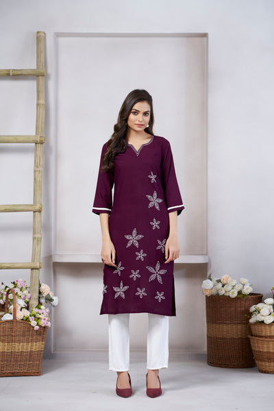 Avantini Women's Viscose Rayon Wine Floral Embroidery Kurti