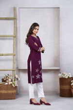Thumbnail for Avantini Women's Viscose Rayon Wine Floral Embroidery Kurti