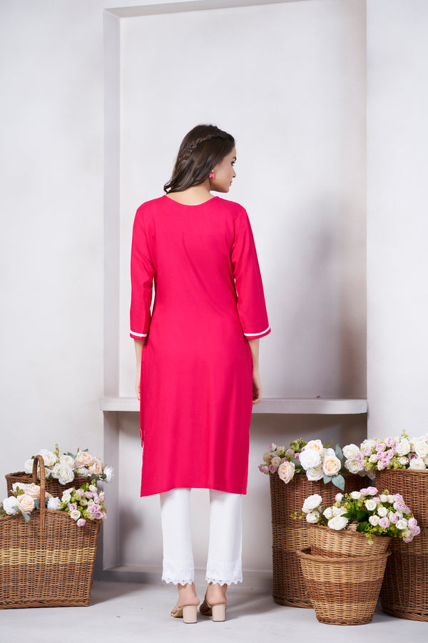 Avantini Women's Viscose Rayon Pink Floral Embroidery Kurti - Distacart