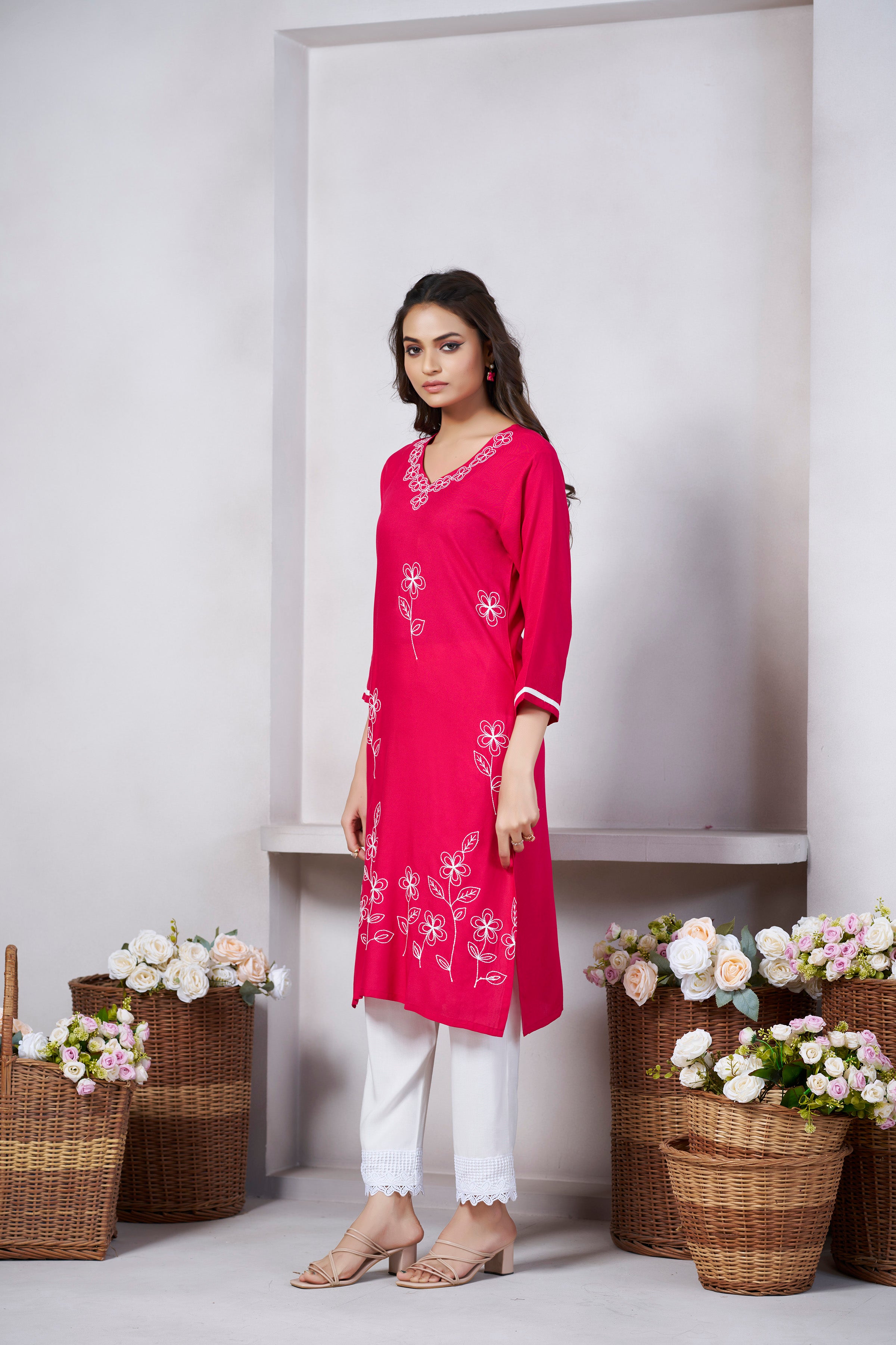 Avantini Women's Viscose Rayon Pink Floral Embroidery Kurti - Distacart