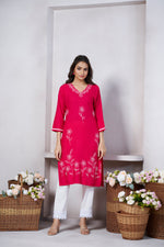 Thumbnail for Avantini Women's Viscose Rayon Pink Floral Embroidery Kurti - Distacart