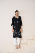 Thumbnail for Avantini Women's Viscose Rayon Black Floral Embroidery Kurti