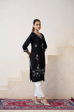 Thumbnail for Avantini Women's Viscose Rayon Black Floral Embroidery Kurti