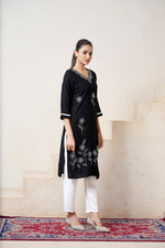 Thumbnail for Avantini Women's Viscose Rayon Black Floral Embroidery Kurti