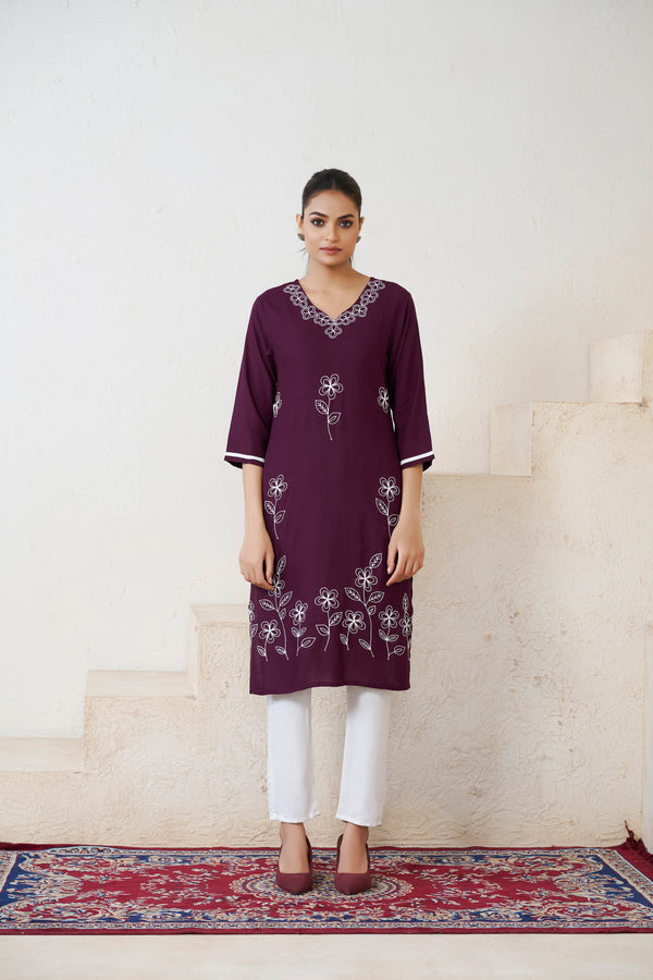 Avantini Women's Viscose Rayon Wine Floral Embroidery Kurti