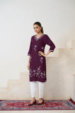 Thumbnail for Avantini Women's Viscose Rayon Wine Floral Embroidery Kurti
