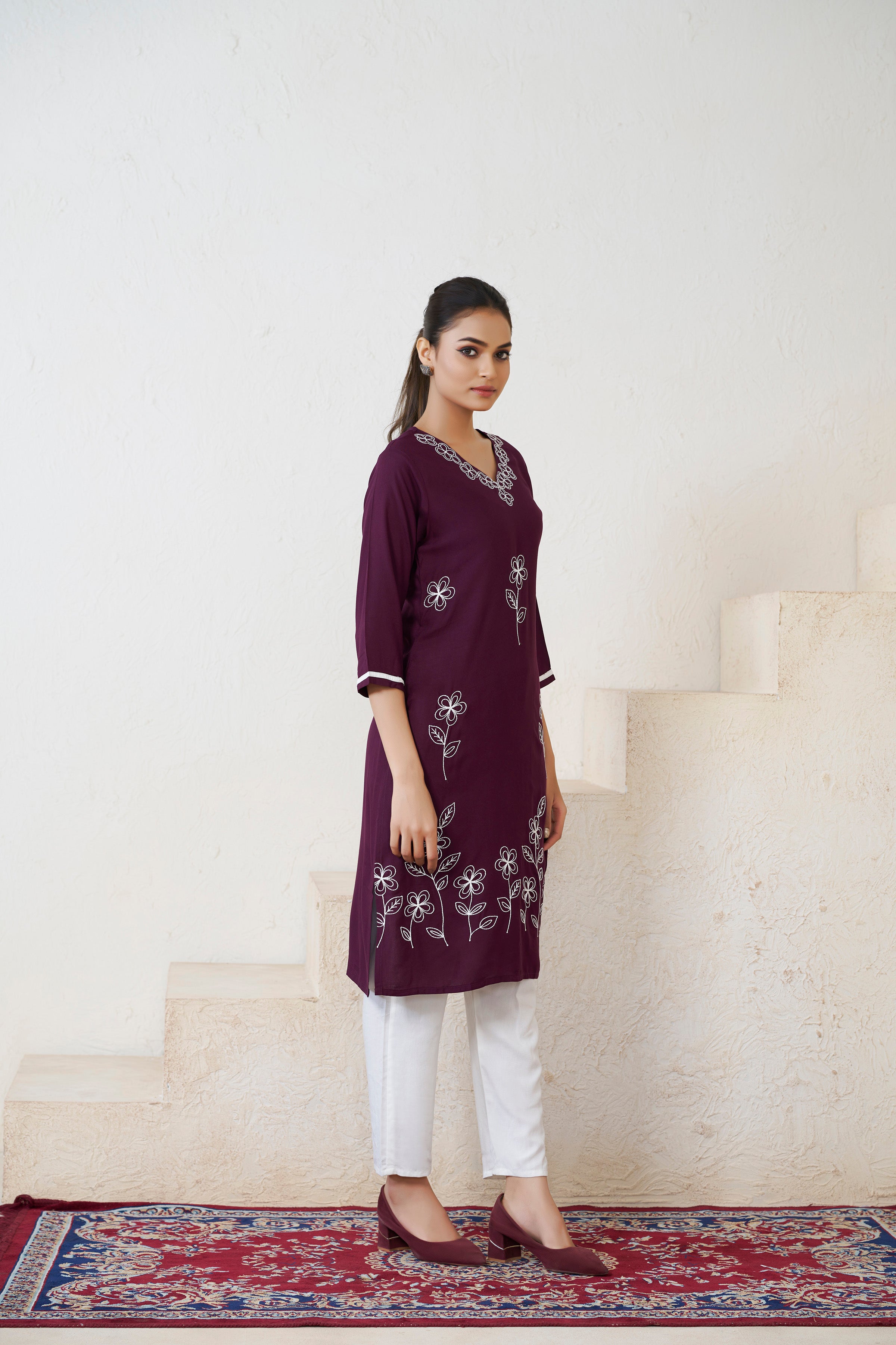 Avantini Women's Viscose Rayon Wine Floral Embroidery Kurti