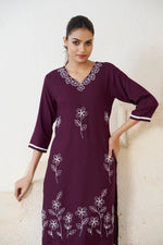Thumbnail for Avantini Women's Viscose Rayon Wine Floral Embroidery Kurti