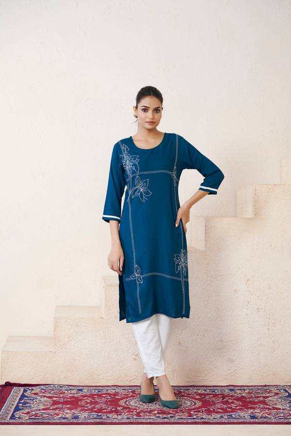 Avantini Women's Viscose Rayon Rama Floral Embroidery Kurti - Distacart