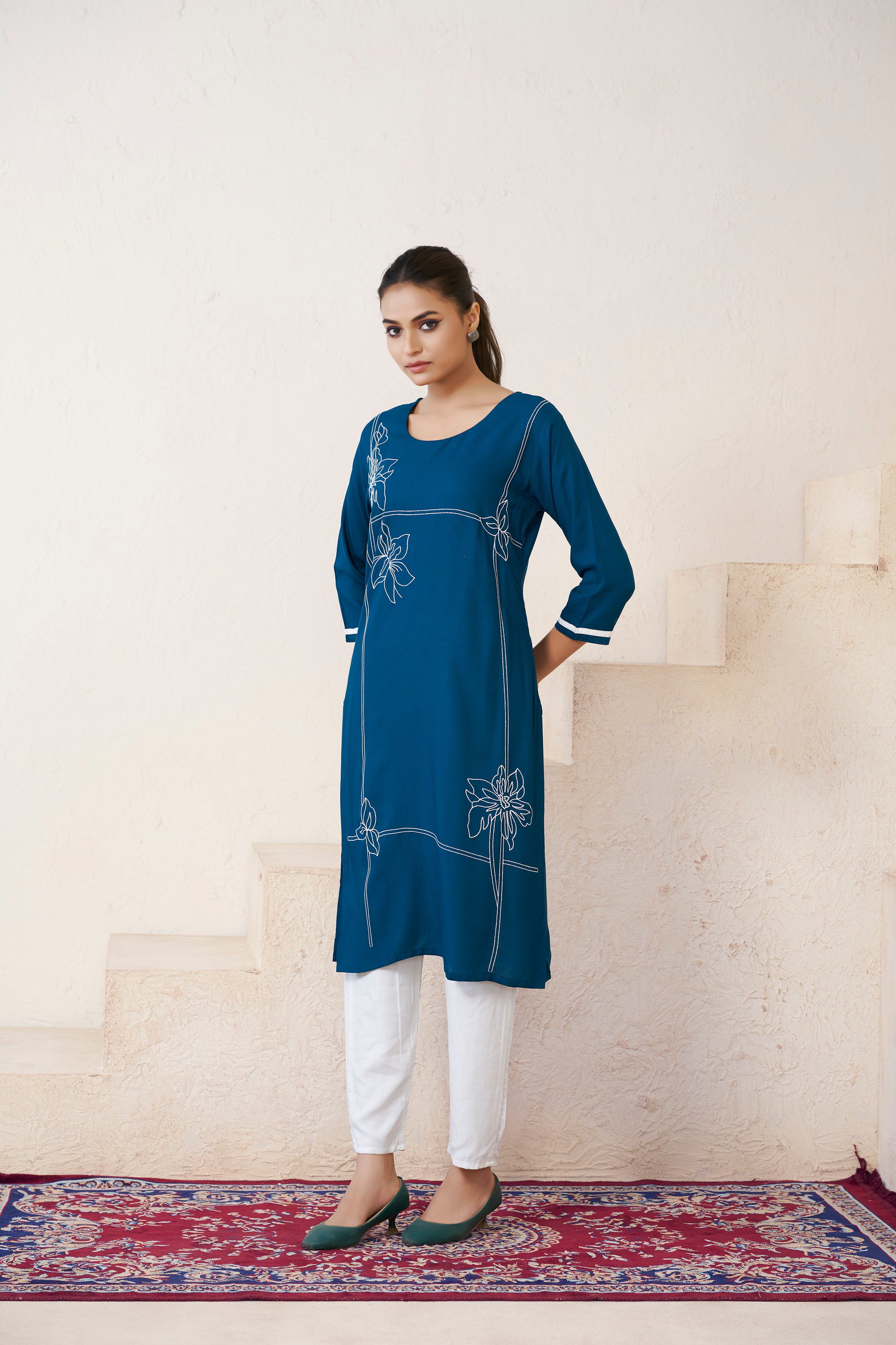 Avantini Women's Viscose Rayon Rama Floral Embroidery Kurti - Distacart