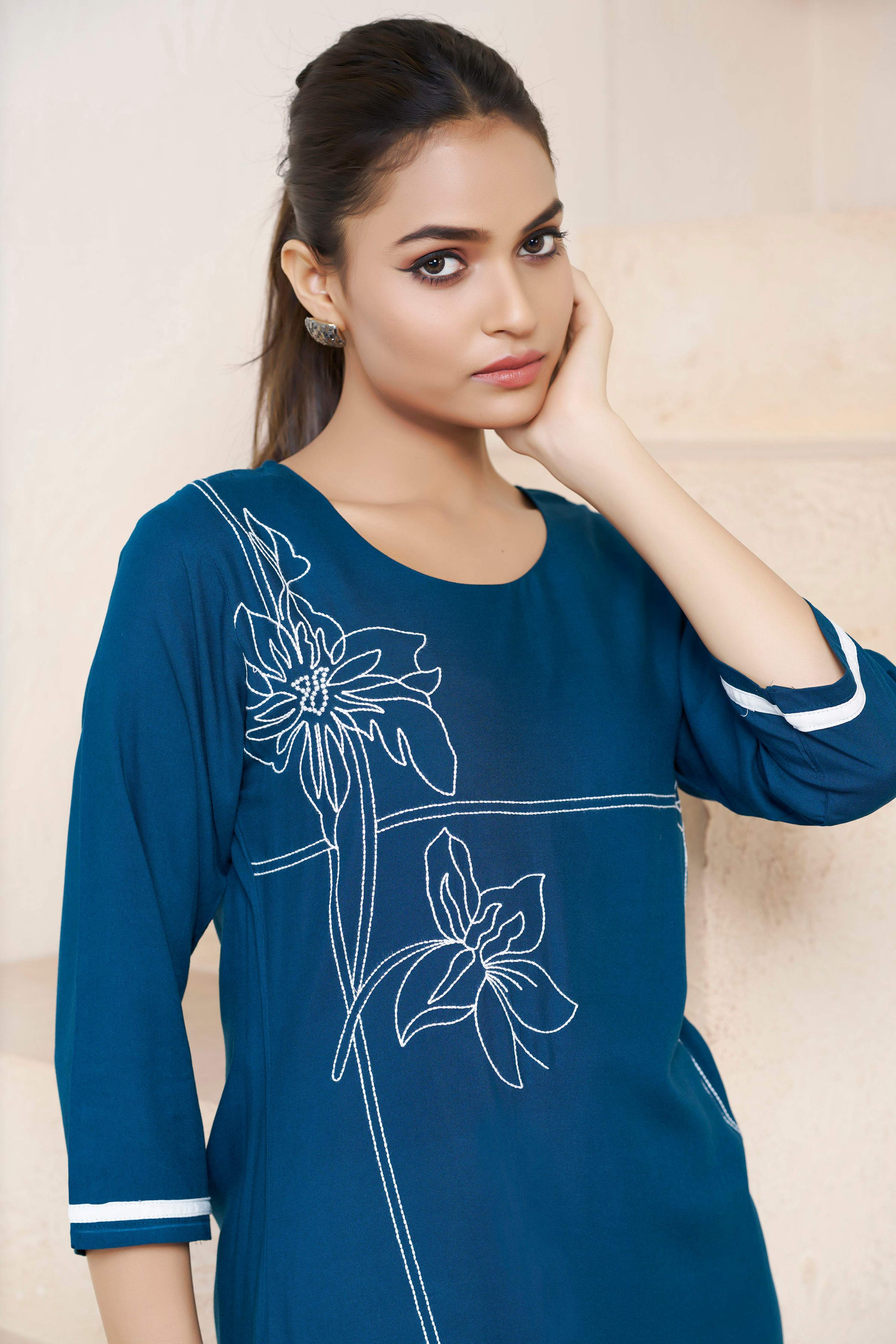 Avantini Women's Viscose Rayon Rama Floral Embroidery Kurti - Distacart