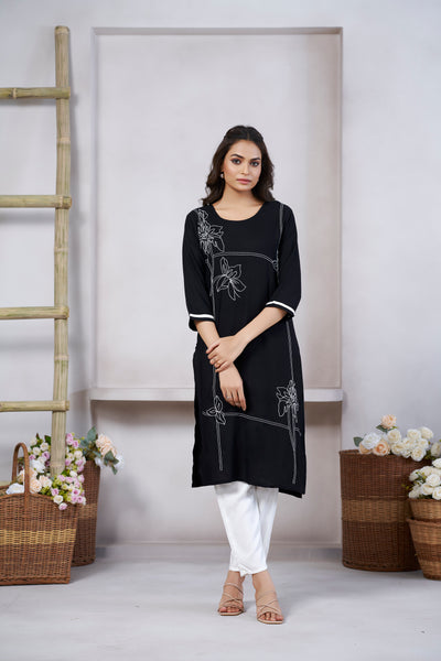 Avantini Women's Viscose Rayon Black Floral Embroidery Kurti - Distacart