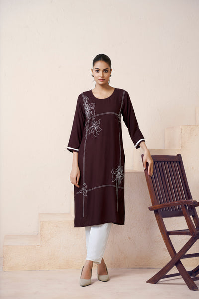 Avantini Women's Viscose Rayon Brown Floral Embroidery Kurti - Distacart