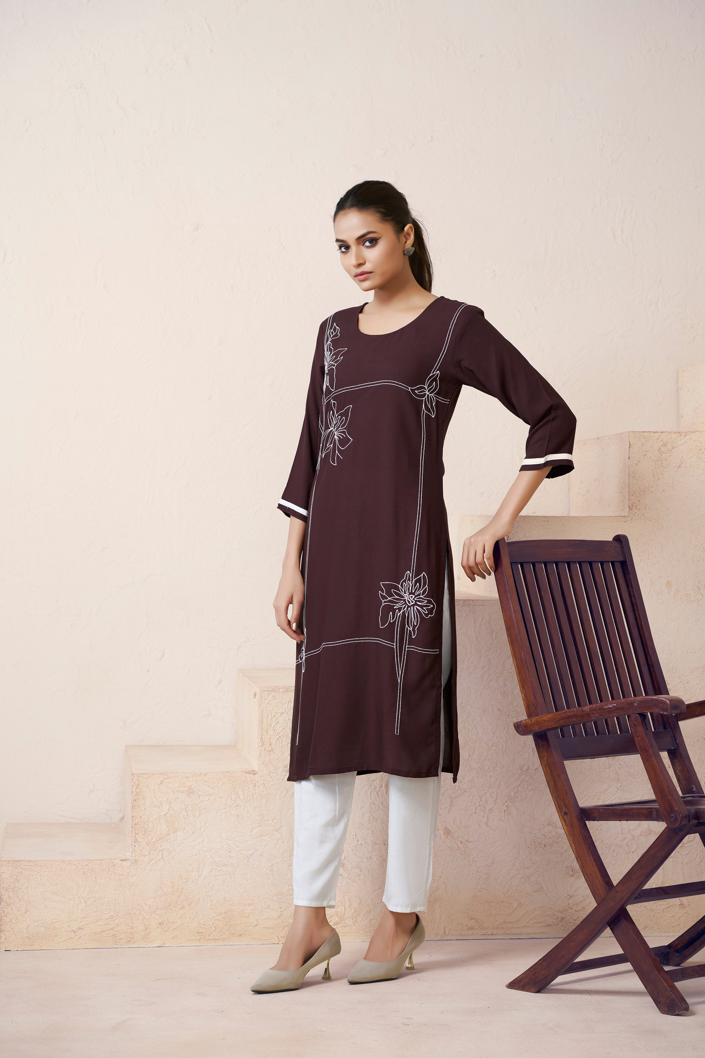 Avantini Women's Viscose Rayon Brown Floral Embroidery Kurti - Distacart