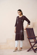 Thumbnail for Avantini Women's Viscose Rayon Brown Floral Embroidery Kurti - Distacart