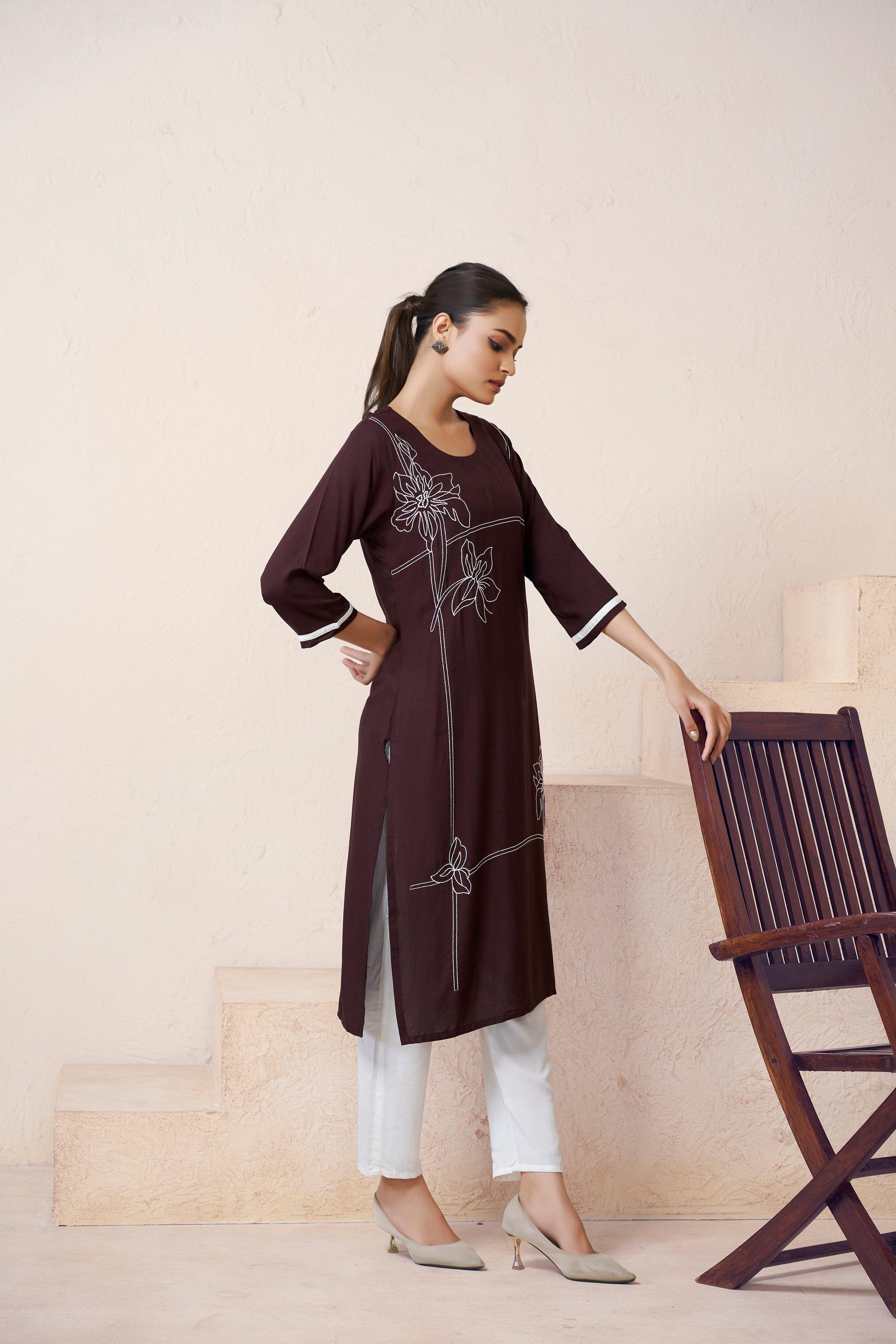 Avantini Women's Viscose Rayon Brown Floral Embroidery Kurti - Distacart