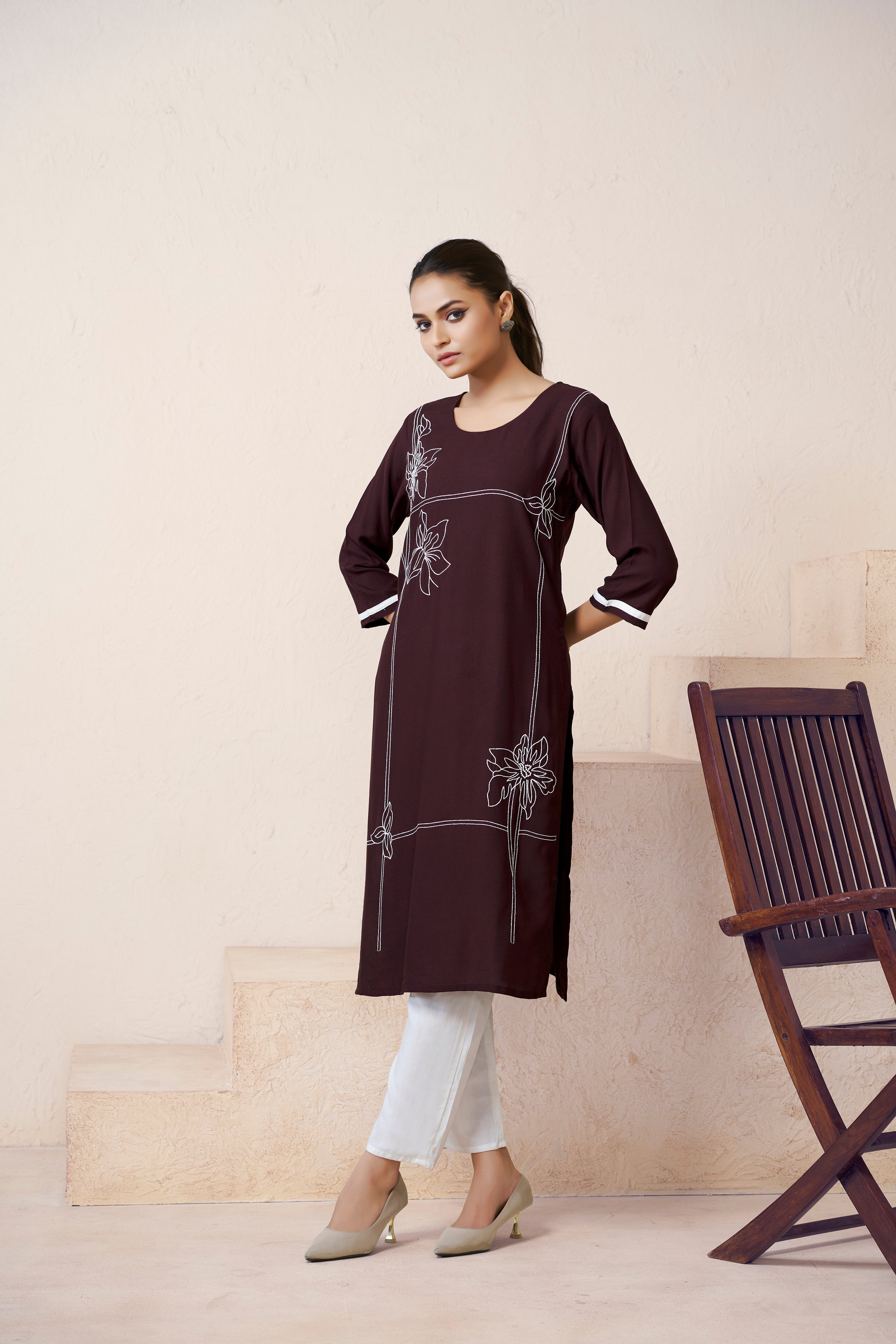Avantini Women's Viscose Rayon Brown Floral Embroidery Kurti - Distacart