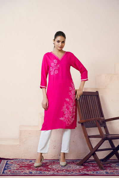 Avantini Women's Viscose Rayon Pink Floral Embroidery Kurti - Distacart