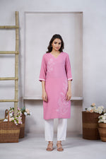 Thumbnail for Avantini Women's Viscose Rayon Light Pink Floral Embroidery Kurti - Distacart