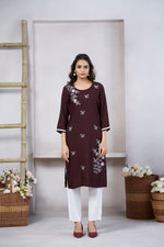 Thumbnail for Avantini Women's Viscose Rayon Light Brown Floral Embroidery Kurti - Distacart