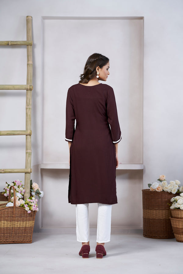 Avantini Women's Viscose Rayon Light Brown Floral Embroidery Kurti - Distacart