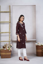 Thumbnail for Avantini Women's Viscose Rayon Light Brown Floral Embroidery Kurti - Distacart