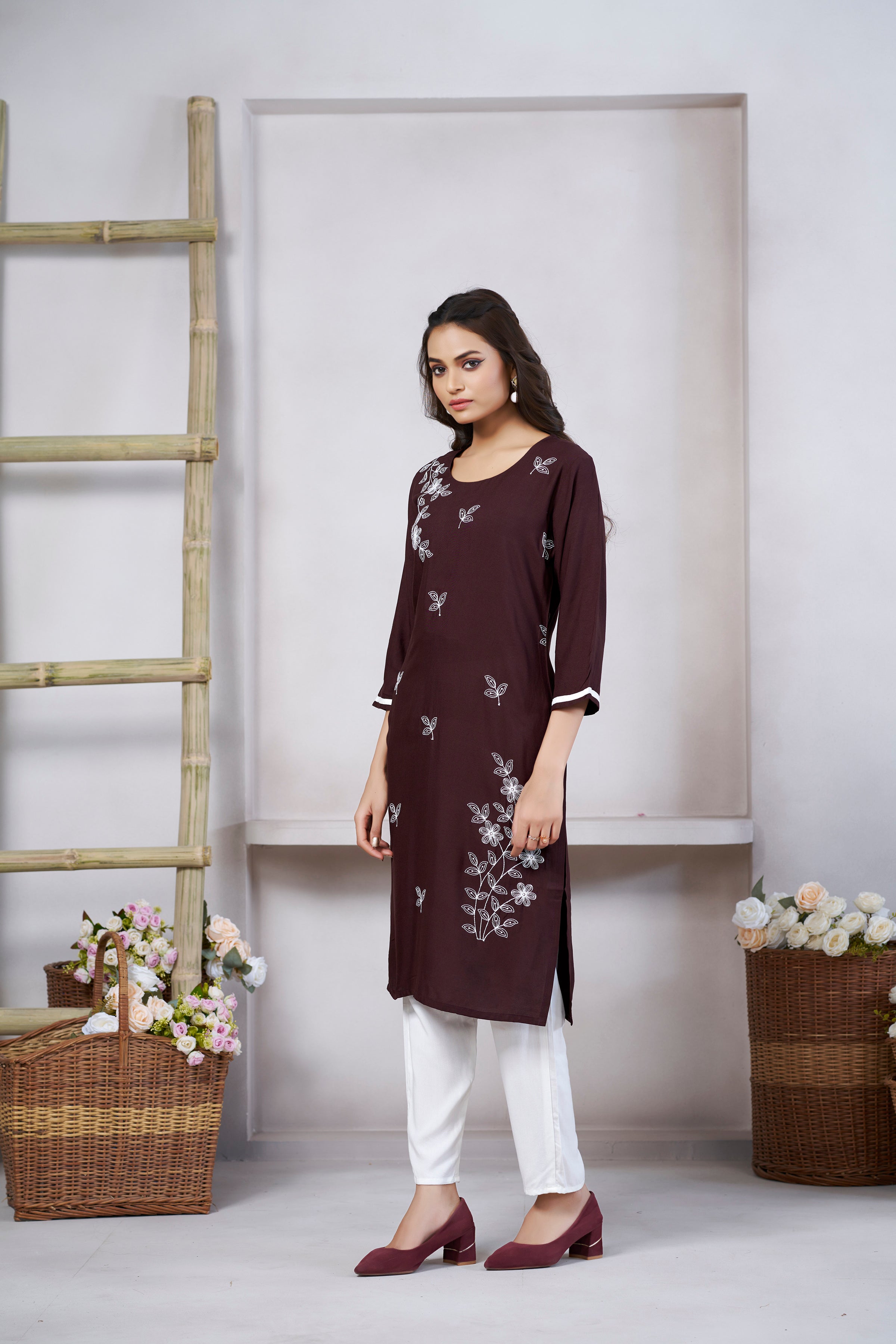 Avantini Women's Viscose Rayon Light Brown Floral Embroidery Kurti - Distacart