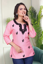 Thumbnail for Avantini Women's Viscose Rayon Pink Floral Embroidery Tunic - Distacart