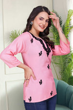 Thumbnail for Avantini Women's Viscose Rayon Pink Floral Embroidery Tunic - Distacart