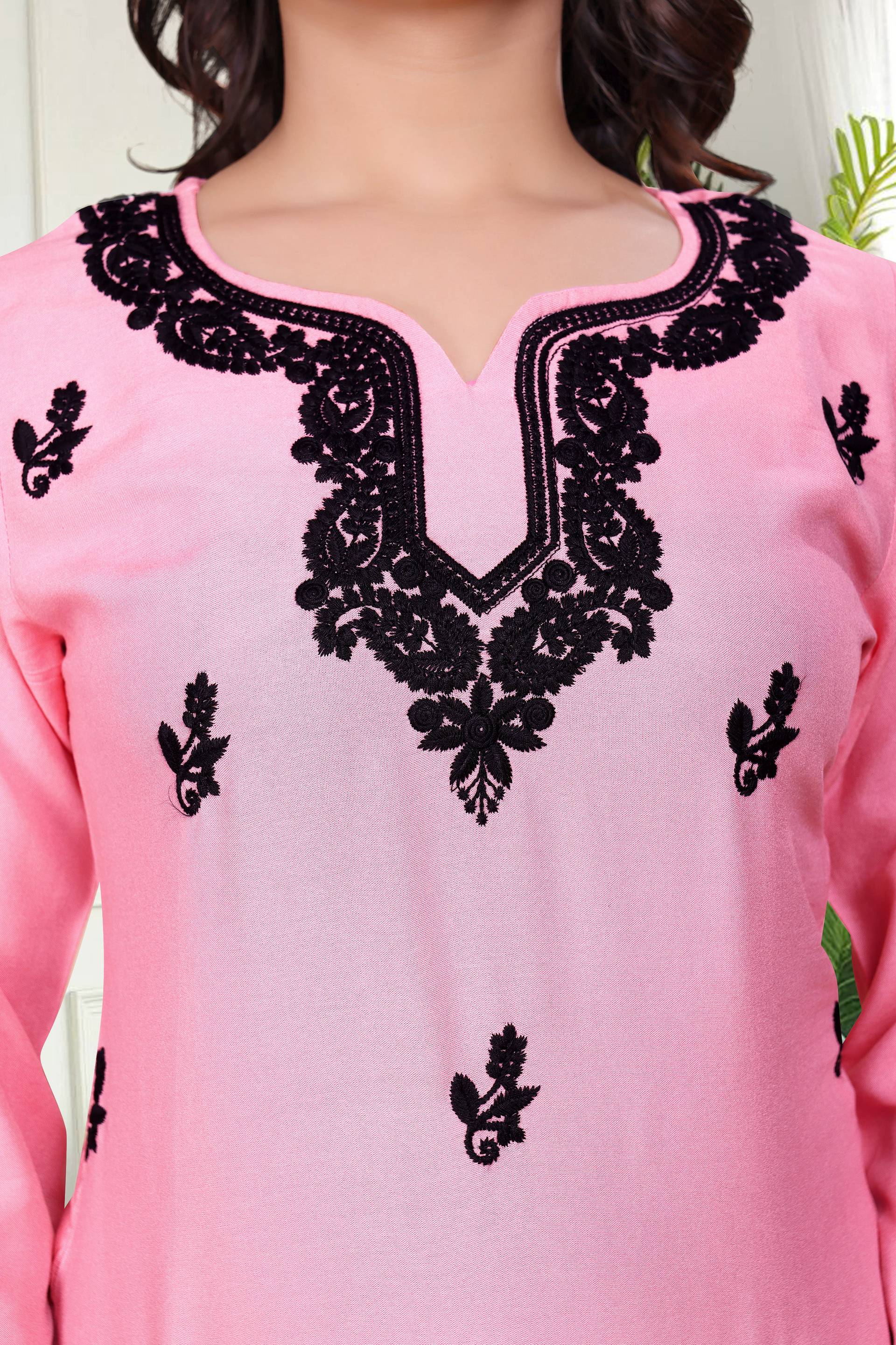 Avantini Women's Viscose Rayon Pink Floral Embroidery Tunic - Distacart