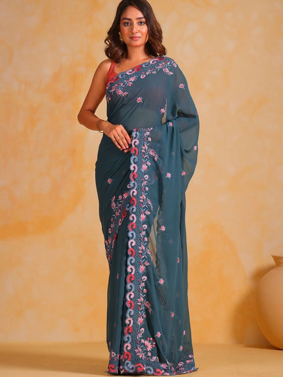 Anouk Floral Embroidered Pure Georgette Saree - Distacart