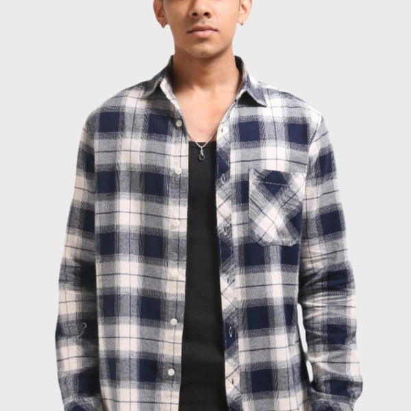 Xkind Men's Navy Blue Flannel Checks Regular Fit Shirt