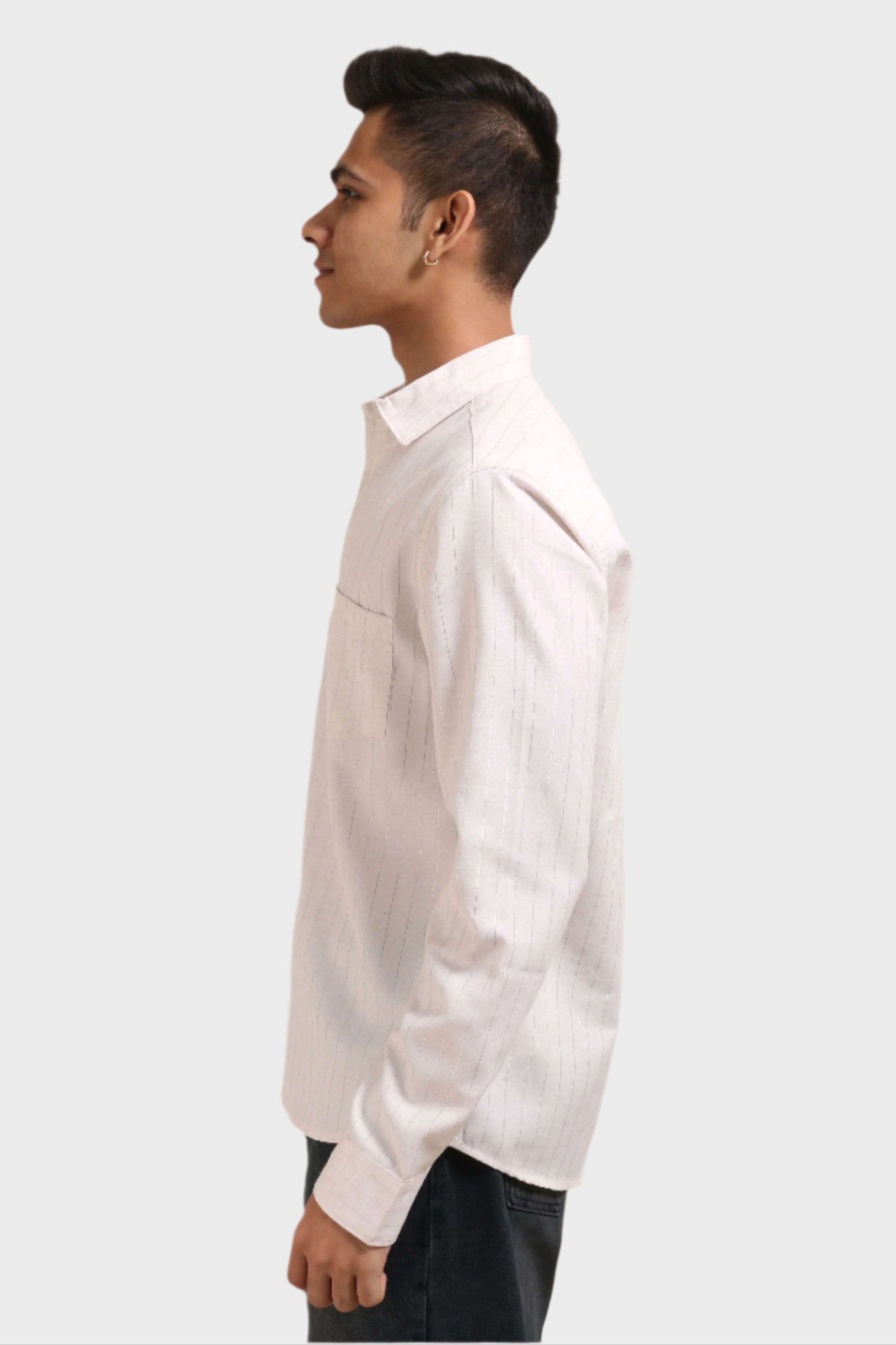 Xkind Off White Silver Stripes Regular Fit Shirt