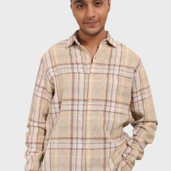 Xkind Mens'S Ochre Textured Checks Regular Fit Shirt