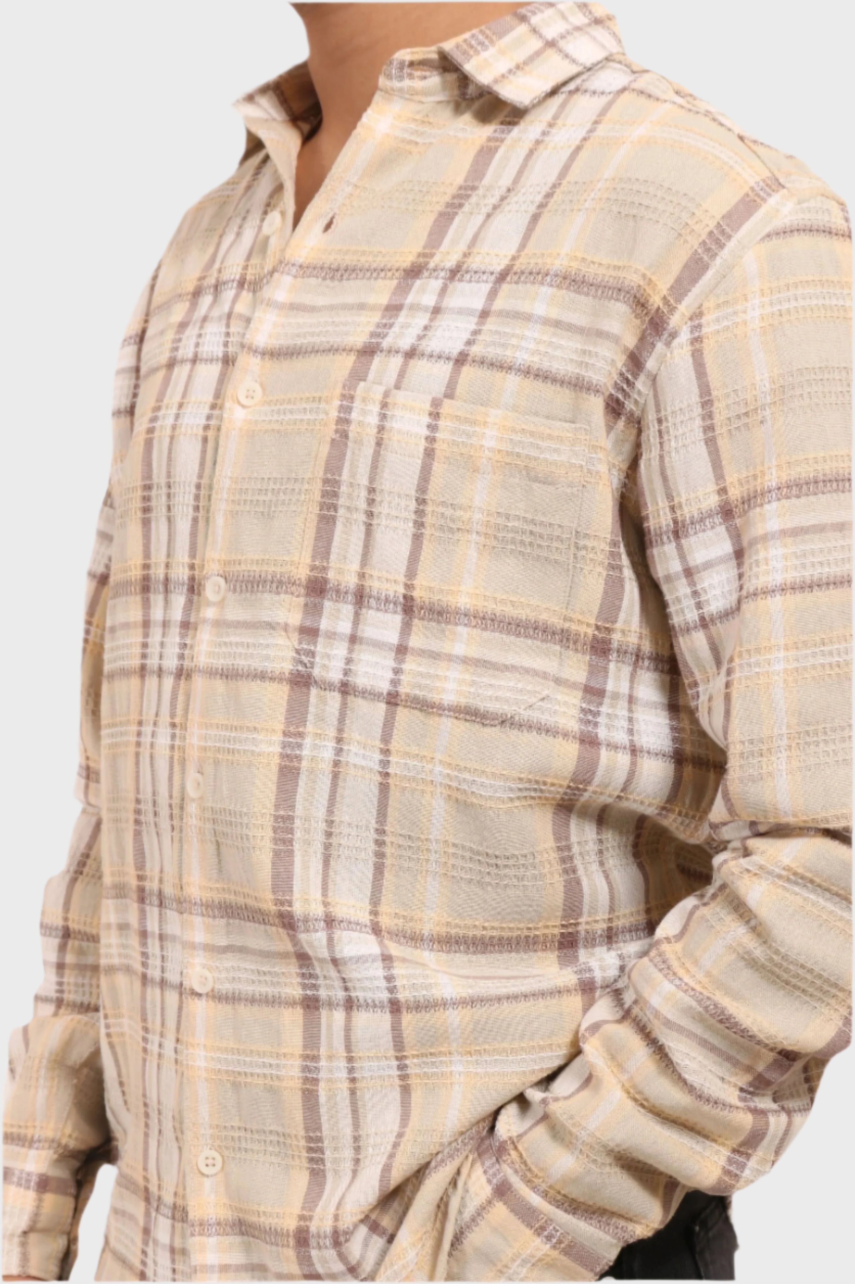 Xkind Mens'S Ochre Textured Checks Regular Fit Shirt