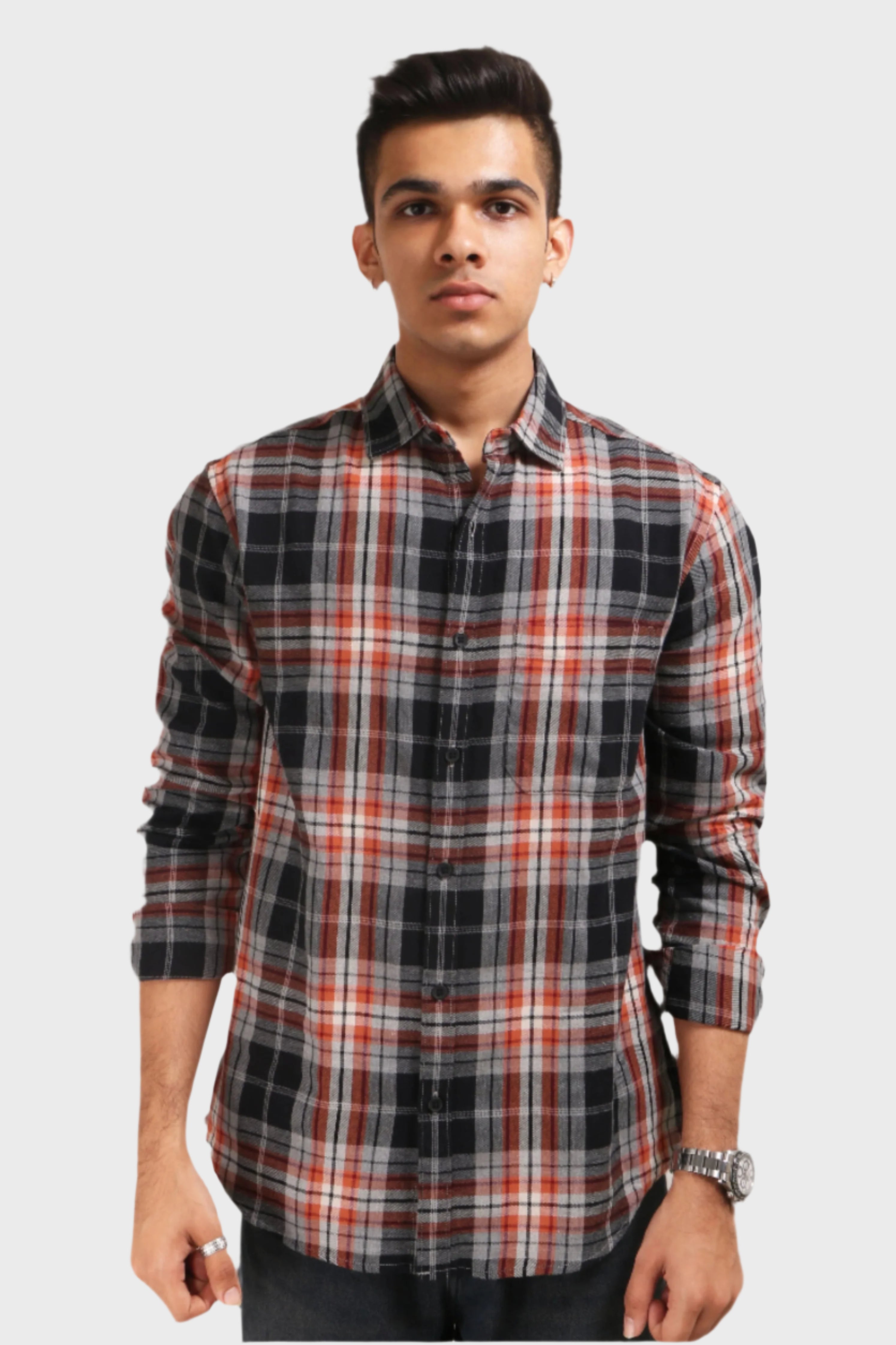 Xkind Orange Flannel Checks Regular Fit Shirt