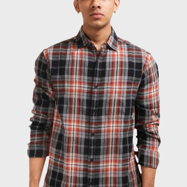 Xkind Orange Flannel Checks Regular Fit Shirt