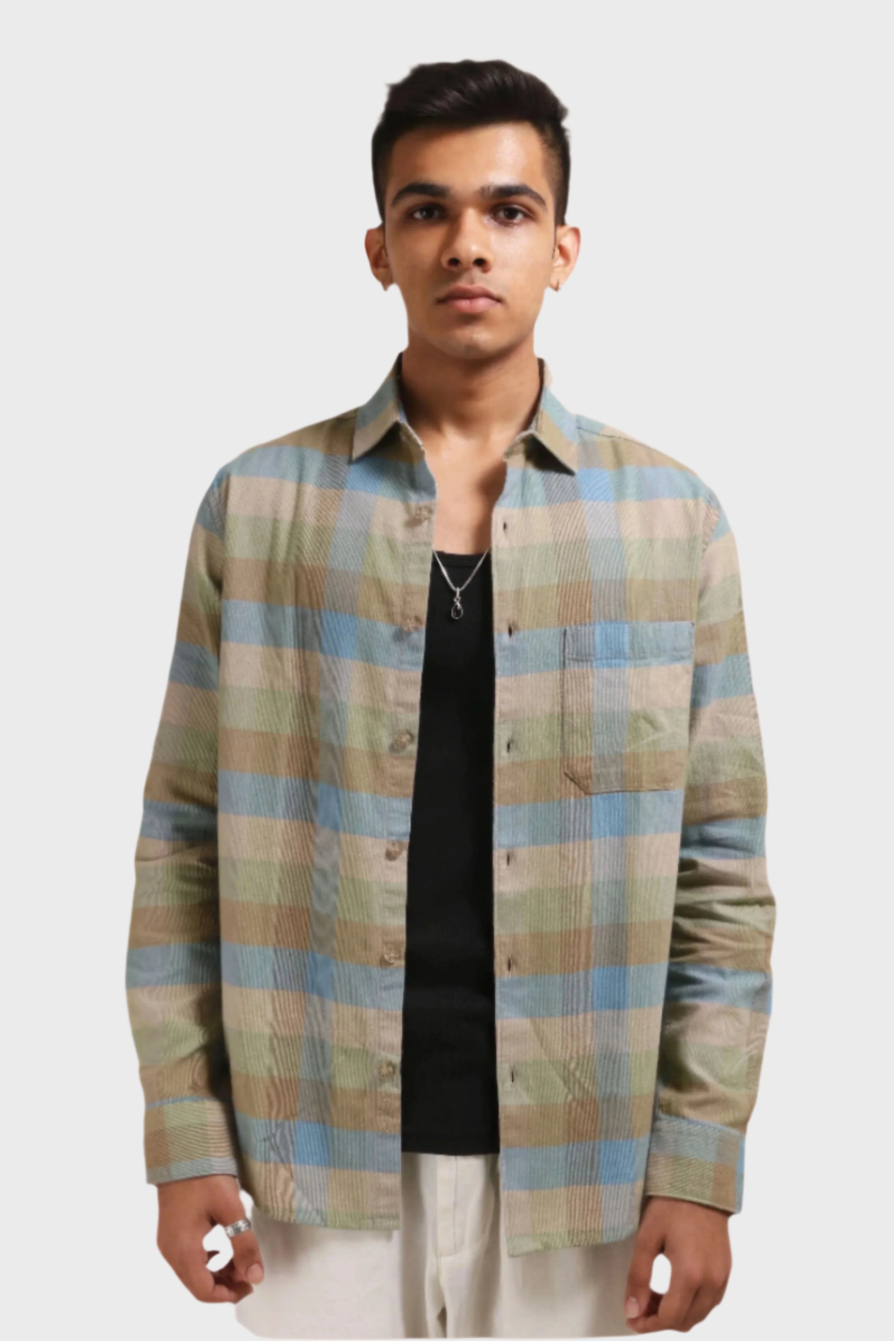 Xkind Light Green Corduroy Checks Regular Fit Shirt