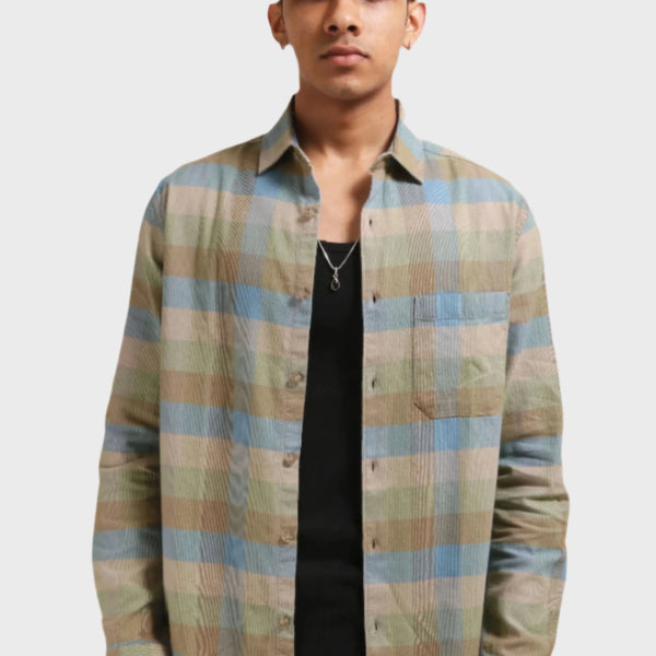 Xkind Light Green Corduroy Checks Regular Fit Shirt