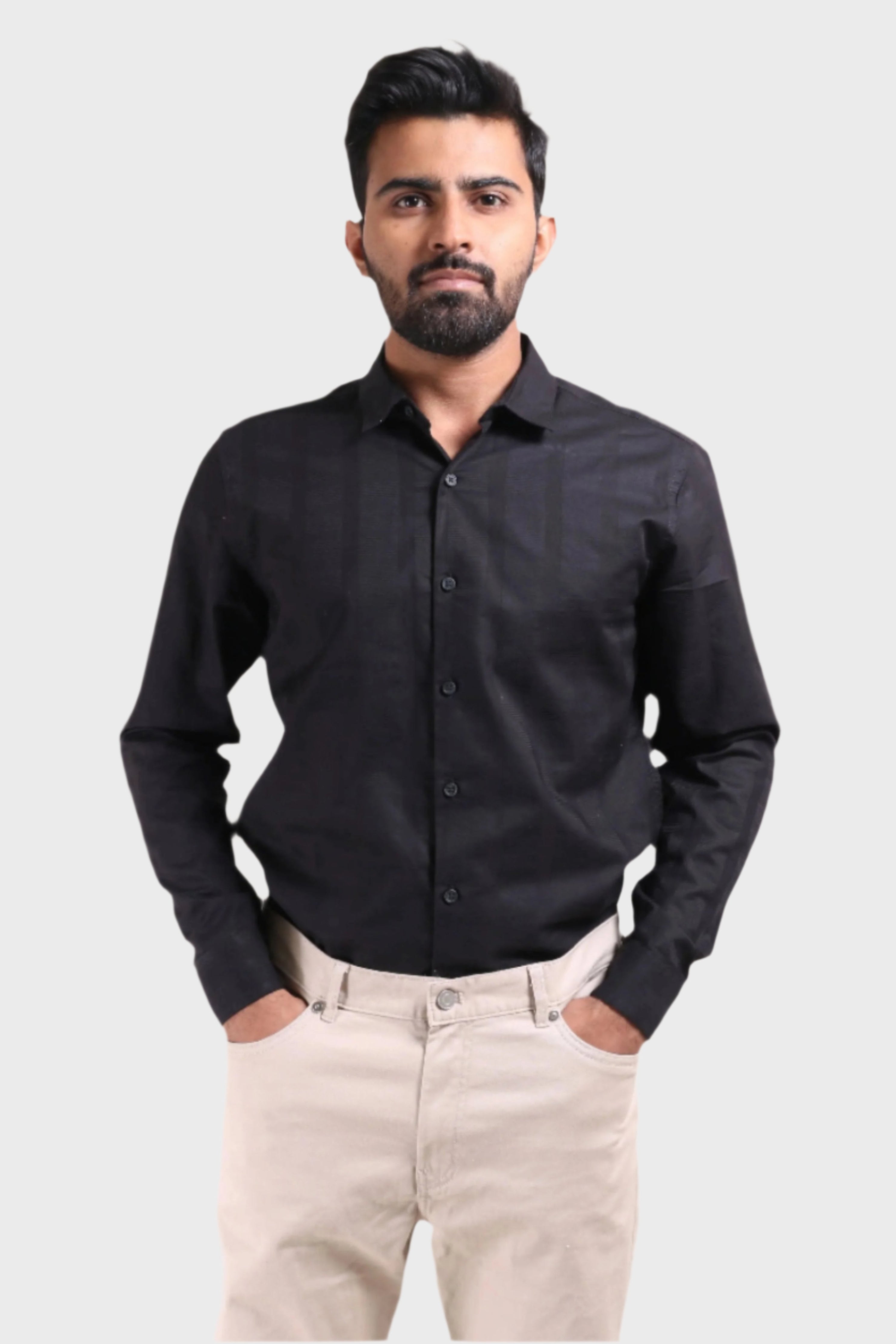 Xkind Men's Black Dobby Srtiped Slim Fit Formal Shirt