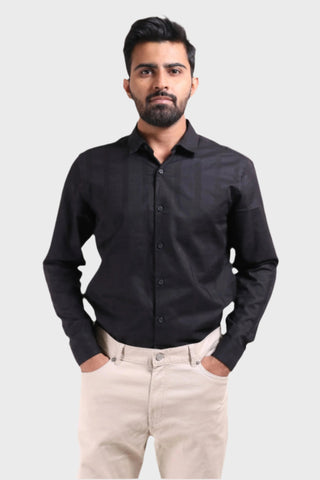 Xkind Men's Black Dobby Srtiped Slim Fit Formal Shirt
