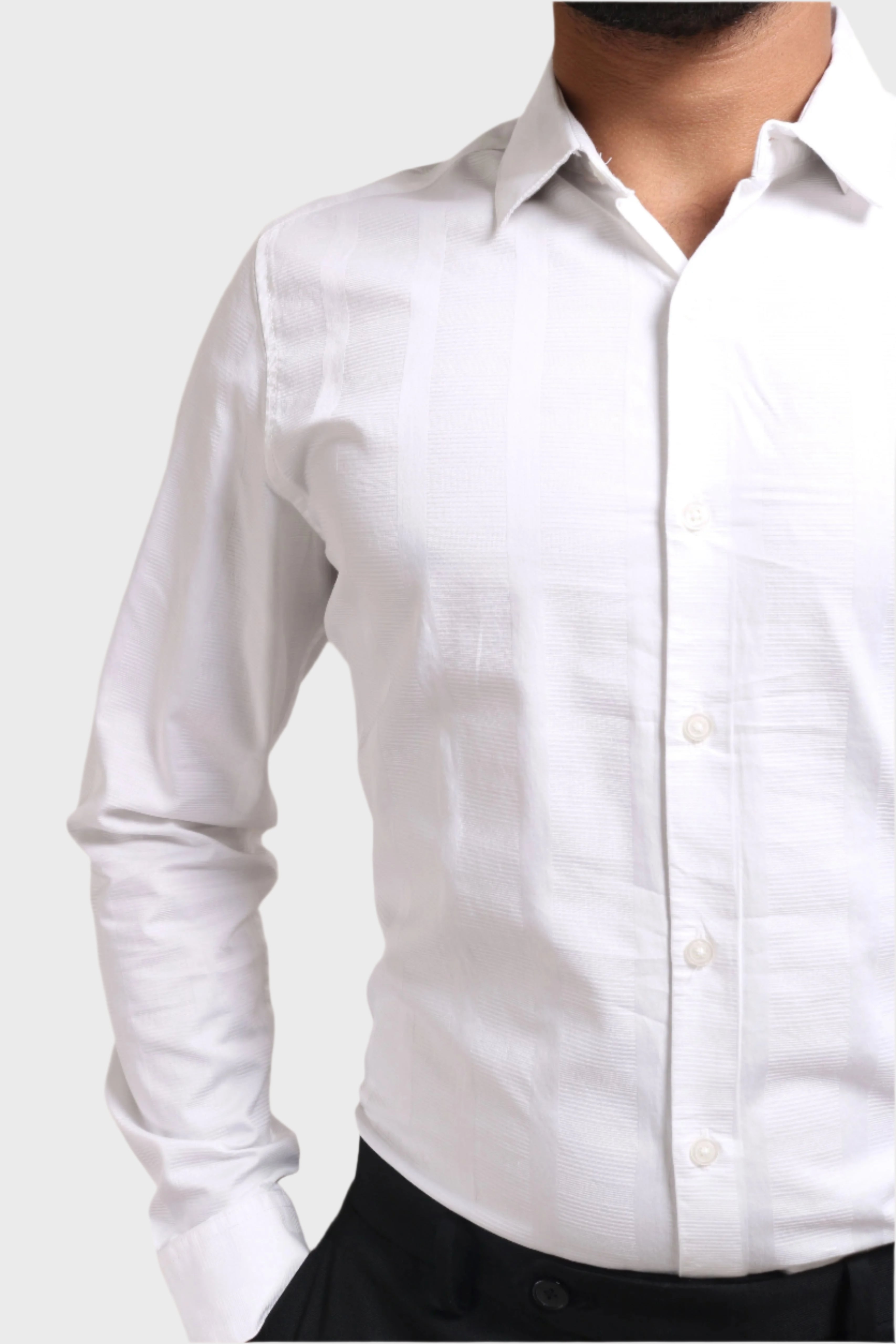 Xkind Men's White Dobby Self Stripe Slim Fit Shirt