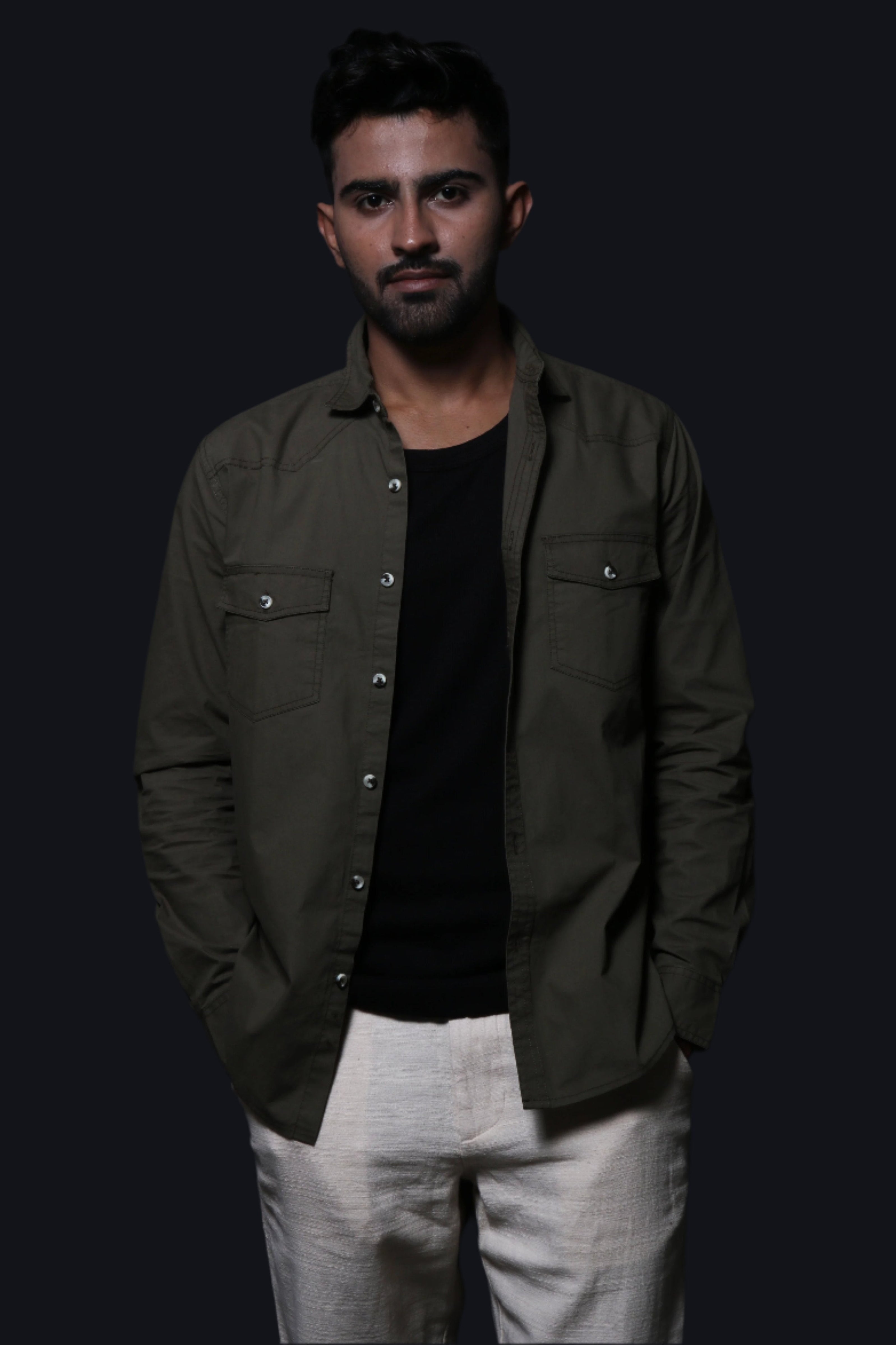 Jonesburg Olive Green Double Pocket Regular Fit Shirt