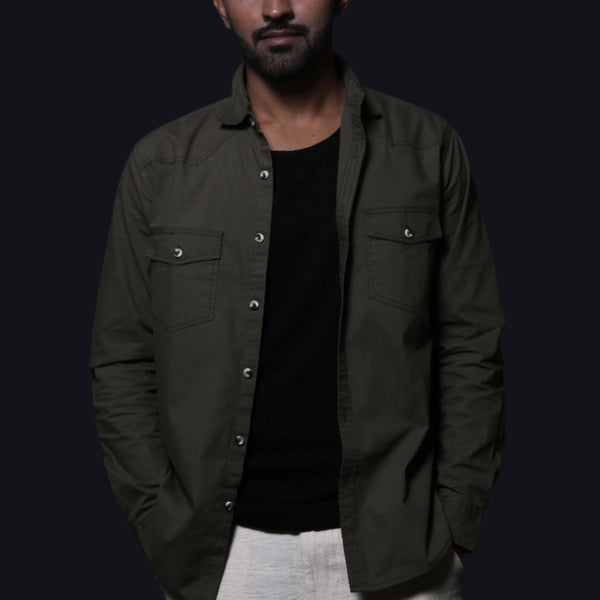 Jonesburg Olive Green Double Pocket Regular Fit Shirt