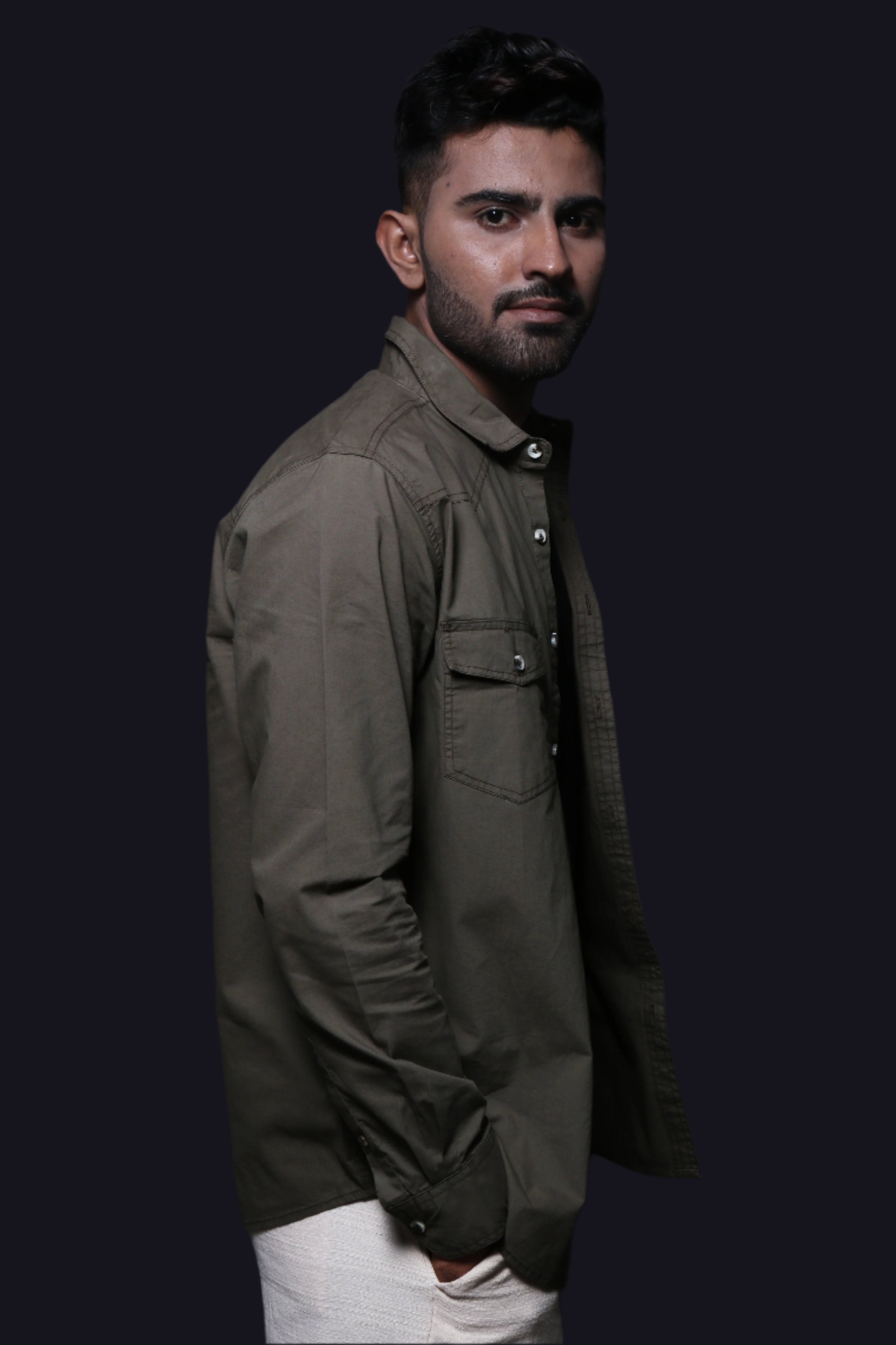 Jonesburg Olive Green Double Pocket Regular Fit Shirt