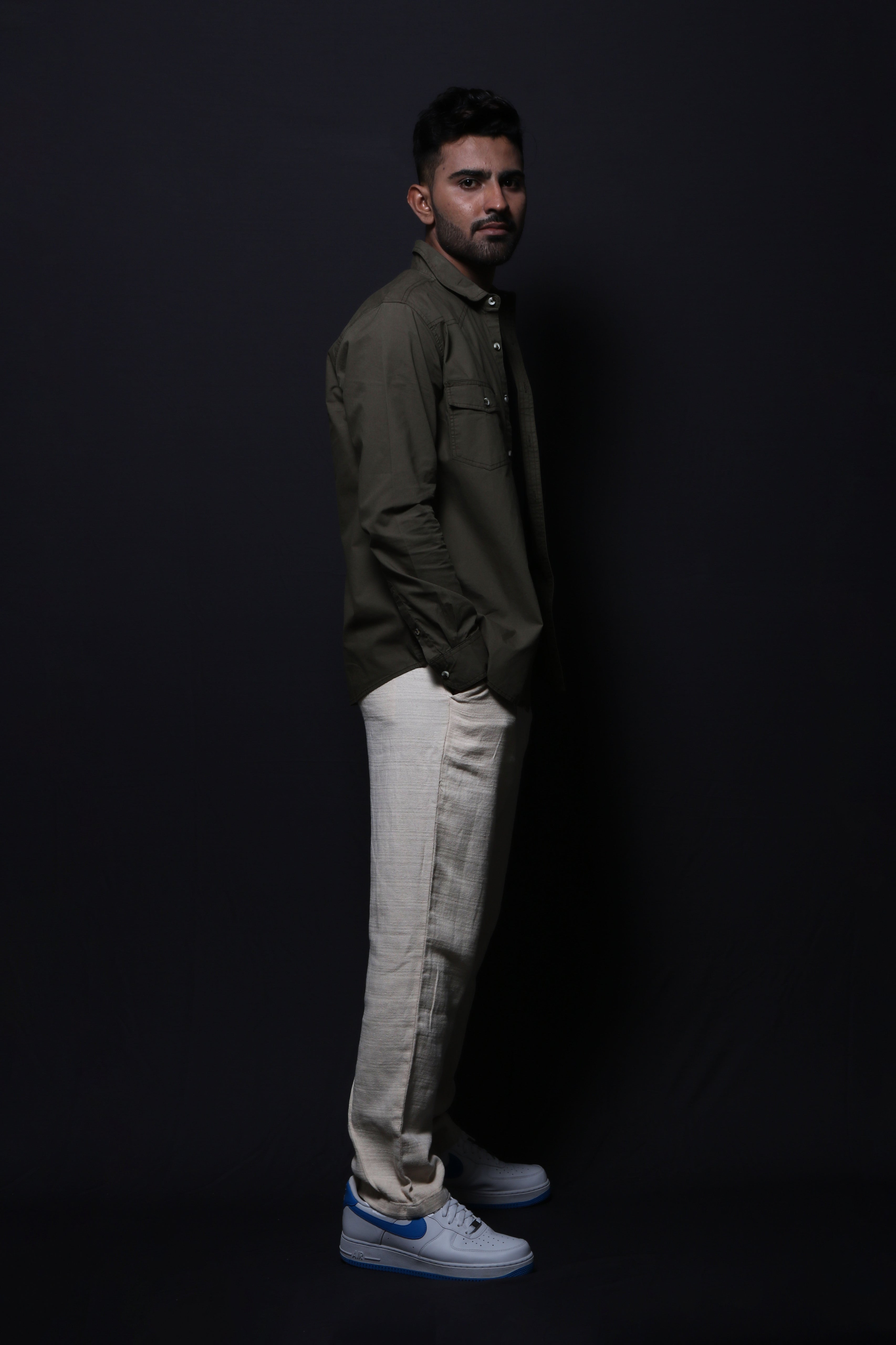 Jonesburg Olive Green Double Pocket Regular Fit Shirt