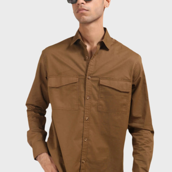 Jonesburg Brown Double Pocket Regular Fit Shirt