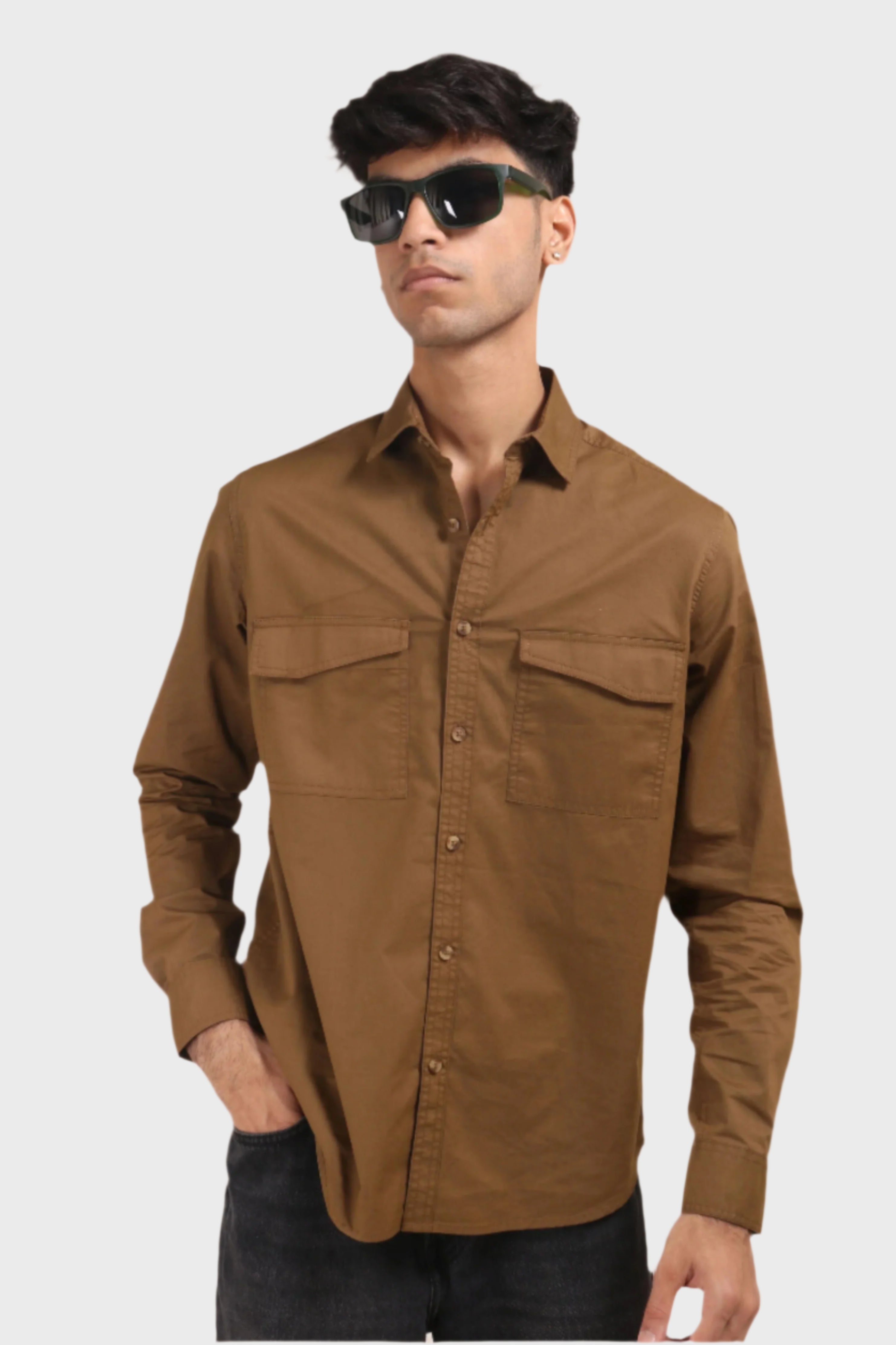 Jonesburg Brown Double Pocket Regular Fit Shirt