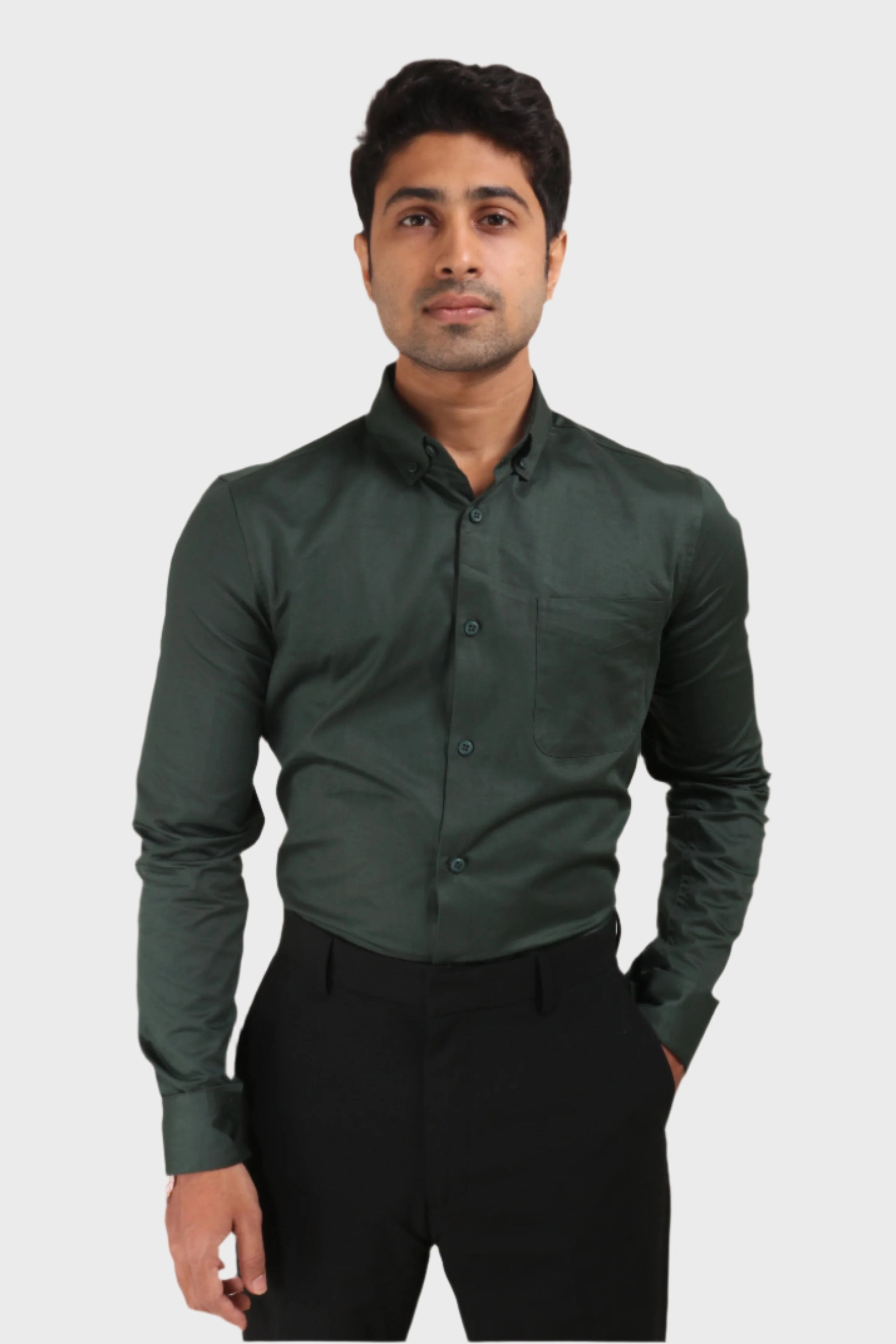 Jonesburg Bottle Green Satin Slub Slim Fit Shirt - Distacart